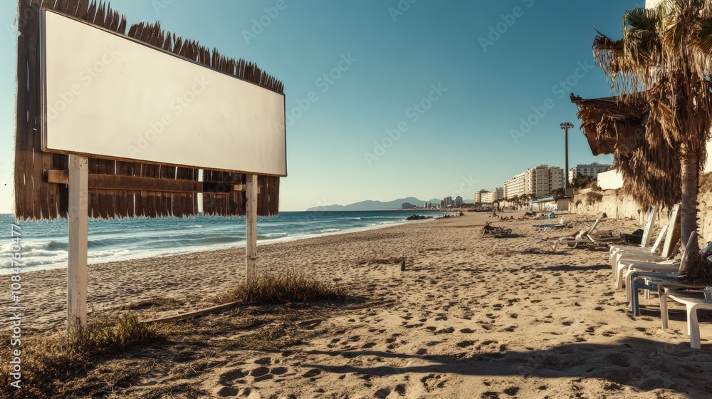 Empty beach with billboard, chairs, and clear sky, perfect for summer getaways and relaxation.