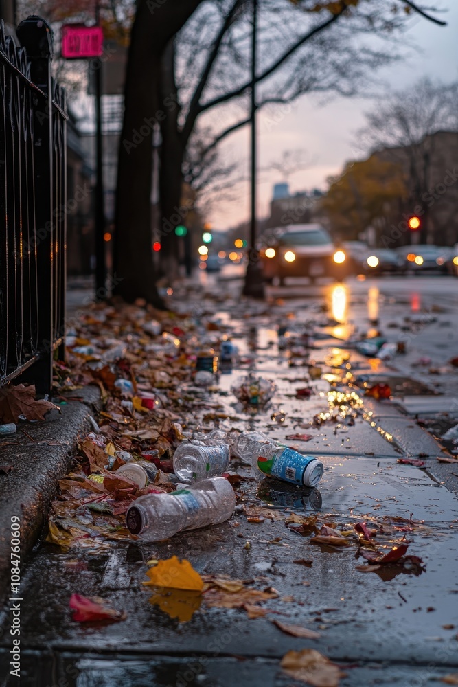 Litter scattered on a city sidewalk amidst fallen leaves and passing cars during a cloudy afternoon Litter scattered on a city sidewalk amidst fallen leaves and passing cars during a cloudy afternoon