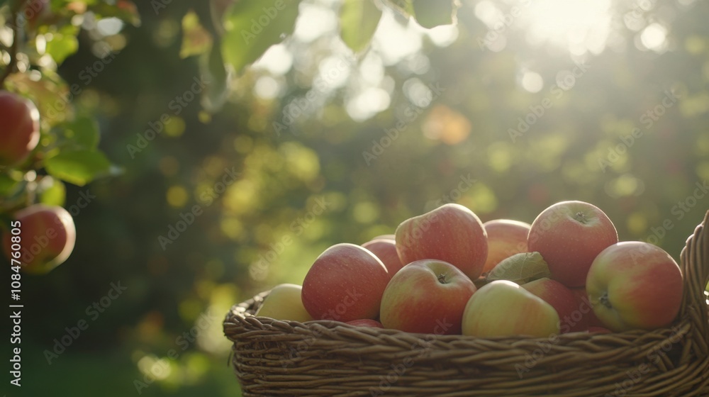 Freshly Harvested Red and Yellow Apples in a Woven Basket Surrounded by Sunlit Apple Orchard, Evoking Autumn and Delicious Farm Produce Freshly Harvested Red and Yellow Apples in a Woven Basket Surrounded by Sunlit Apple Orchard, Evoking Autumn and Delicious Farm Produce