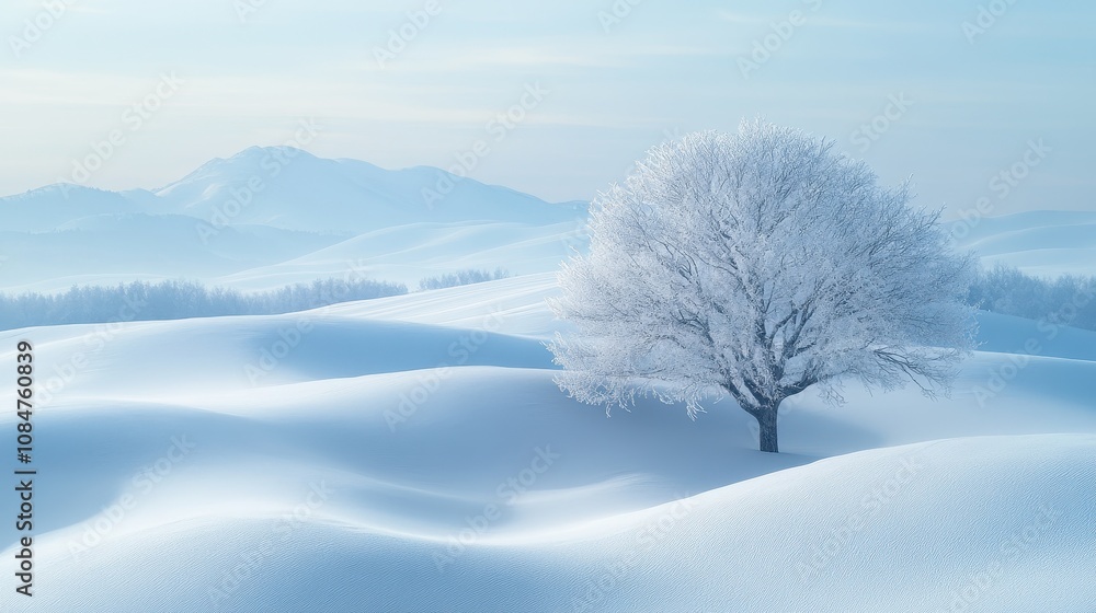 A picturesque winter scene with rolling snow dunes and a lone snow-covered tree, set against a calm, pale blue sky and distant mountain range A picturesque winter scene with rolling snow dunes and a lone snow-covered tree, set against a calm, pale blue sky and distant mountain range