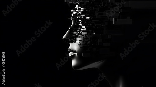 A stylized silhouette of a face dissolving into digital fragments, representing the fusion of humanity and technology.