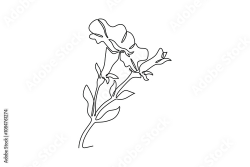 Continuous one line drawing of beauty fresh petunioideae for home wall decor poster art. Printable decorative petunia flower concept for park icon. Single line draw design vector graphic illustration
