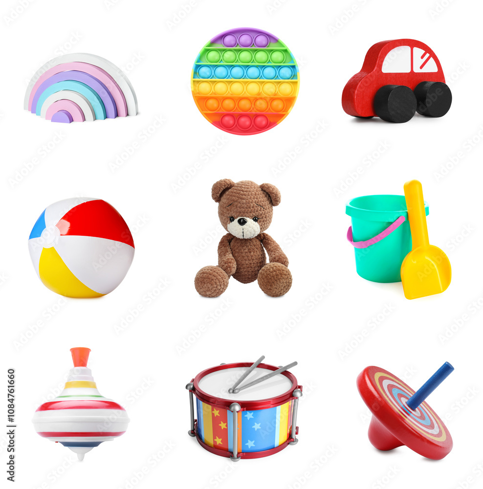Cute teddy bear and other toys isolated on white Cute teddy bear and other toys isolated on white