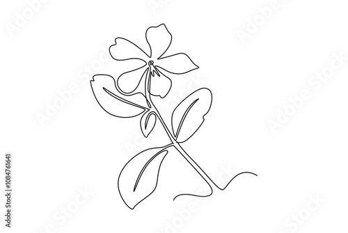 Single continuous line drawing beauty fresh periwinkle for garden logo. Printable decorative vinca flower concept for home wall decor poster. Dynamic one line draw graphic design vector illustration