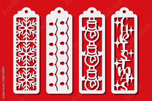 Winter holidays vertical bookmark designs with snowflakes, garland, snowman and word Christmas. Decorative bookmark stencil for paper, wood and metal cutting. Vector silhouette. Laser cut template