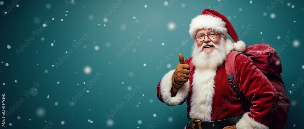 A cheerful Santa Claus in a red suit gives a thumbs-up amidst a snowy backdrop, spreading holiday joy and festive spirit. Perfect for Christmas and winter-themed celebrations.
A cheerful Santa Claus in a red suit gives a thumbs-up amidst a snowy backdrop, spreading holiday joy and festive spirit. Perfect for Christmas and winter-themed celebrations.