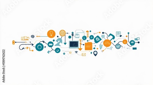 Colorful Vector Illustration Representing Technology, Communication, and Connectivity with Various Digital Icons Including Wi-Fi, Light Bulb, and Computer Elements