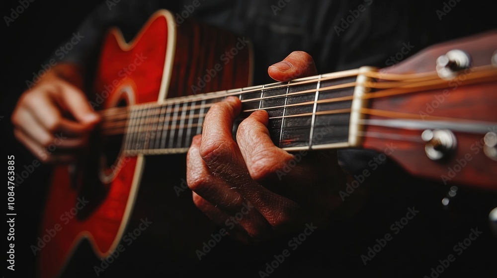 Fototapeta premium Close-up of hands playing acoustic guitar.