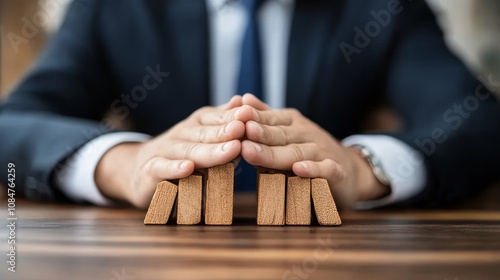 Businessman protecting wooden blocks from falling, symbolizing risk management and strategy.