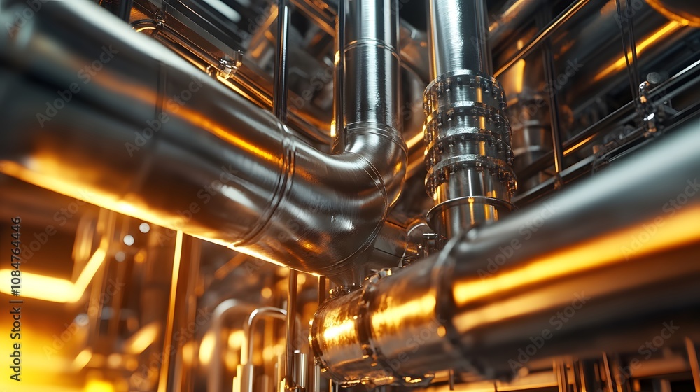 A metal pipe with a bend in the middle is shown in a shiny, metallic color. The bend is located in the middle of the pipe, and it is an important part of the system A metal pipe with a bend in the middle is shown in a shiny, metallic color. The bend is located in the middle of the pipe, and it is an important part of the system