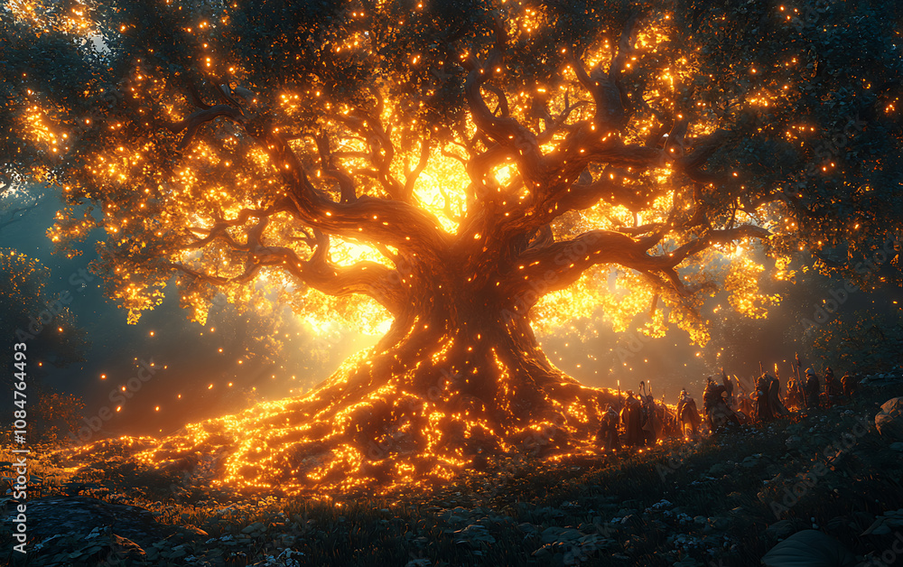 Obraz premium Majestic Ancient Tree: Epic Tournament in Mystical Forest