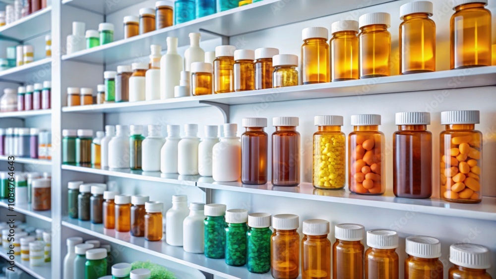 Bottles of various pills neatly organized on a pharmacy shelf, medication, pharmaceuticals, health, drugstore Bottles of various pills neatly organized on a pharmacy shelf, medication, pharmaceuticals, health, drugstore