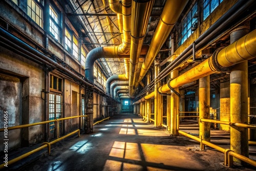 Eerie Industrial Hallway with Yellow Pipes in Abandoned Building - Architectural Photography