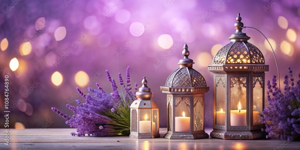Obraz premium Calming lavender setting with Ramadan lanterns, perfect for personalized messages , lavender, calming