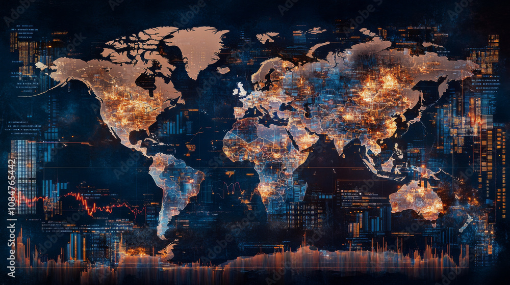 world map with highlighted regions showcasing economic data and trends, featuring vibrant colors and intricate details. This visually striking representation emphasizes global economic dynamics world map with highlighted regions showcasing economic data and trends, featuring vibrant colors and intricate details. This visually striking representation emphasizes global economic dynamics