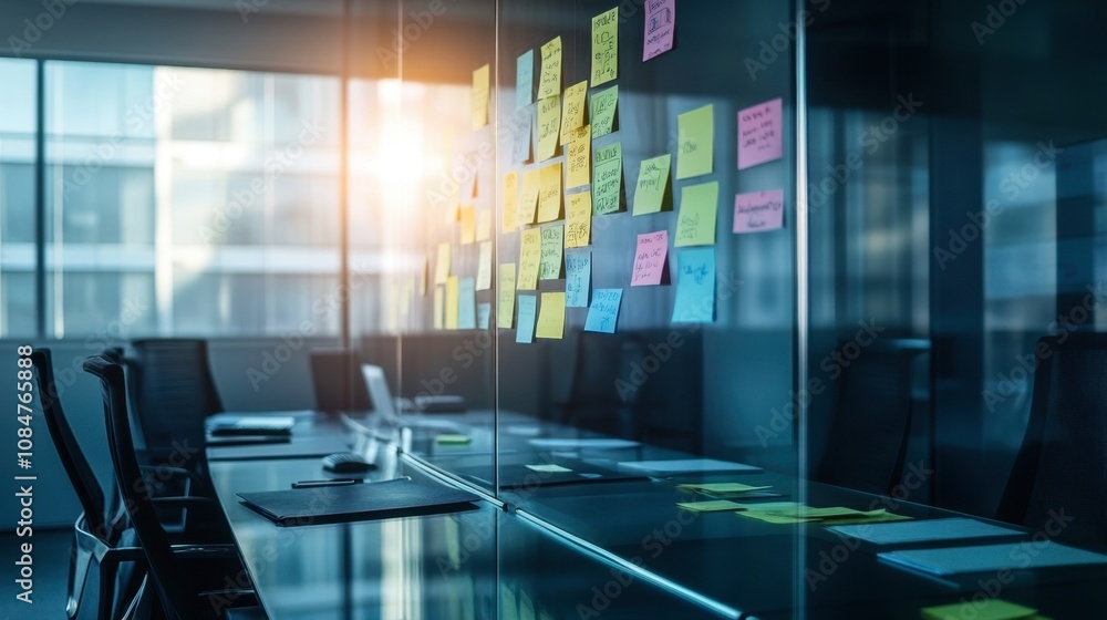 Modern Office Space with Sticky Notes on Glass Wall Illuminated by Sunlight, Featuring a Minimalist Table Setup, Laptop, and Black Chairs in Urban Environment