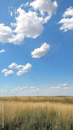 Golden field meeting blue sky with white clouds on sunny day