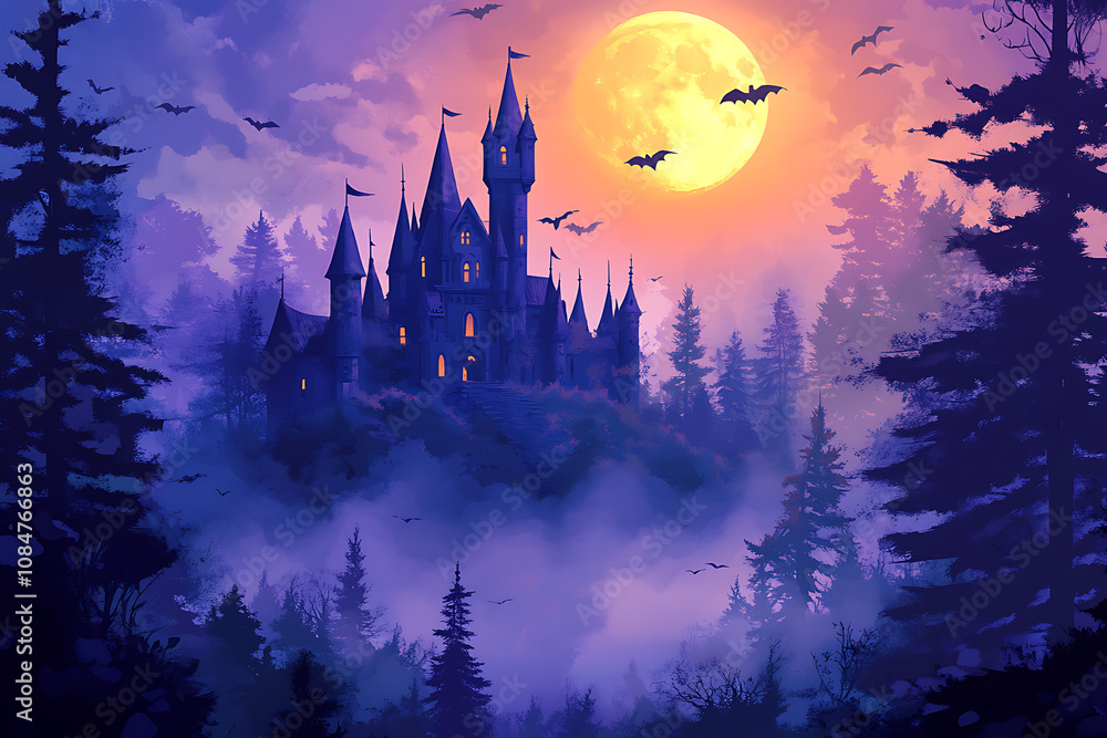 Fototapeta premium A mystical castle illuminated by a full moon, surrounded by dark forests and bats.