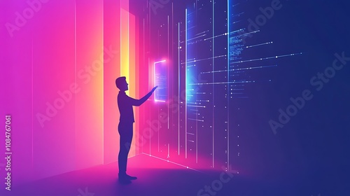 Illustration of a business professional interacting with a futuristic AI hologram displaying data insights 