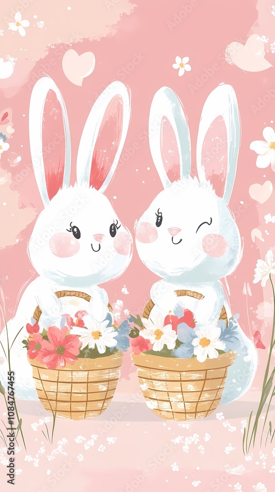 Two cute bunnies holding baskets of flowers against a pink background. Two cute bunnies holding baskets of flowers against a pink background.