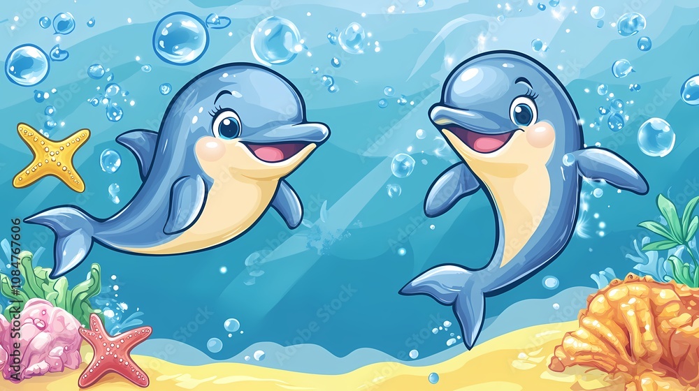 Two cheerful dolphins swimming among bubbles and colorful coral in a vibrant underwater scene. Two cheerful dolphins swimming among bubbles and colorful coral in a vibrant underwater scene.