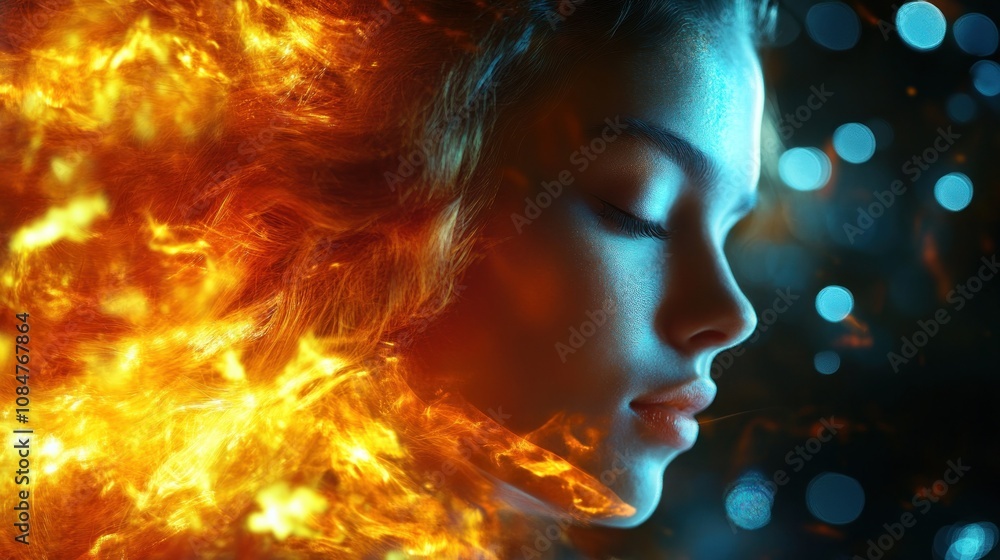A woman's face with flames surrounding her hair, lit by blue bokeh lights. A woman's face with flames surrounding her hair, lit by blue bokeh lights.