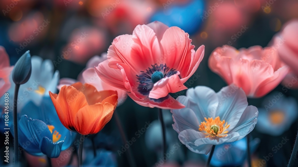 A field of colorful poppy flowers with soft focus and bokeh. A field of colorful poppy flowers with soft focus and bokeh.
