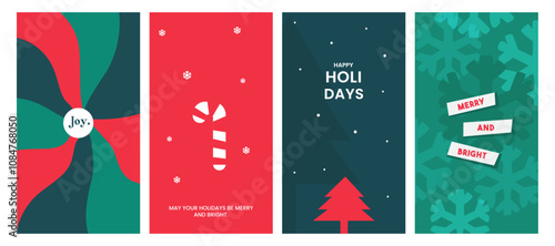 Merry Christmas and Happy New Year greeting card Set.Christmas tree branches, red balls, snowflake pattern.  Modern beautiful Xmas design, Minimal art banner, poster, web cover templates 