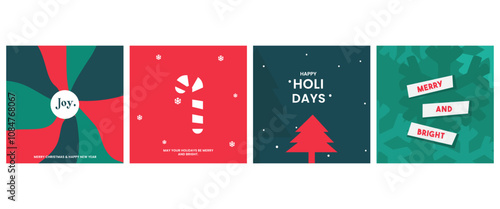 Merry Christmas and Happy New Year greeting card Set.Christmas tree branches, red balls, snowflake pattern.  Modern beautiful Xmas design, Minimal art banner, poster, web cover templates 