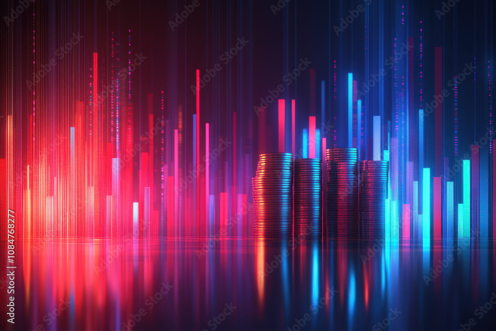 Bitcoin and Gold in Forex.A vibrant, abstract visualization featuring colorful vertical lines and reflections, suggesting dynamic data or sound waves in a digital environment. Bitcoin and Gold in Forex.A vibrant, abstract visualization featuring colorful vertical lines and reflections, suggesting dynamic data or sound waves in a digital environment.