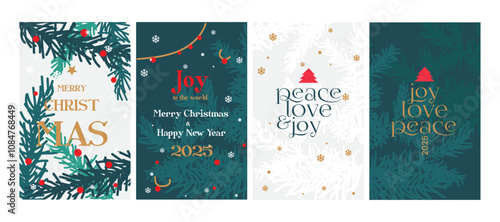 Merry Christmas and Happy New Year greeting card Set.Christmas tree branches, red balls, snowflake pattern.  Modern beautiful Xmas design, Minimal art banner, poster, web cover templates 