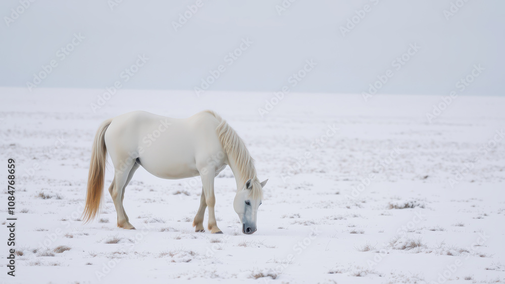 majestic white horse grazing in snowy landscape, serene and calm majestic white horse grazing in snowy landscape, serene and calm