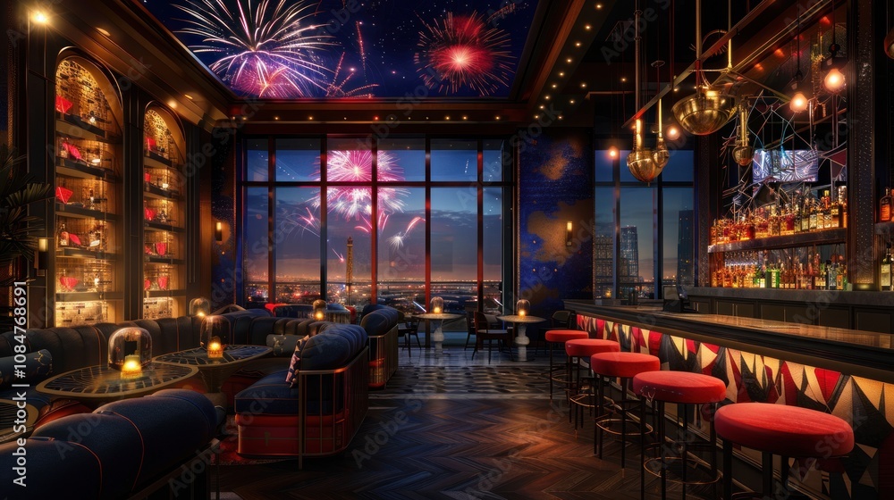 A luxurious bar with a view of a city skyline at night, featuring a large window overlooking a fireworks display. A luxurious bar with a view of a city skyline at night, featuring a large window overlooking a fireworks display.