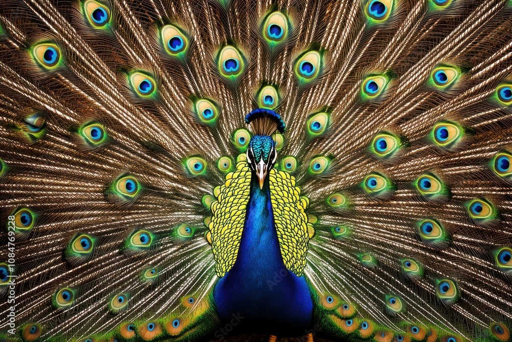 Obraz premium A peacock displaying its magnificent tail feathers in full spread, vibrant colors and intricate patterns. The feathers’ iridescence is highlighted by natural sunlight, emphasizing their beauty.