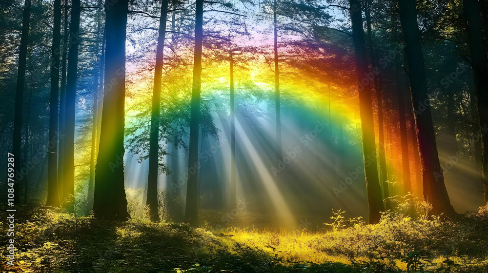 Obraz premium A serene forest scene featuring a vibrant rainbow and sun rays filtering through trees.