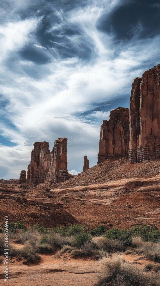 Fototapeta premium Dramatic cloudscape hovering over sandstone pinnacles in utah's desert landscape