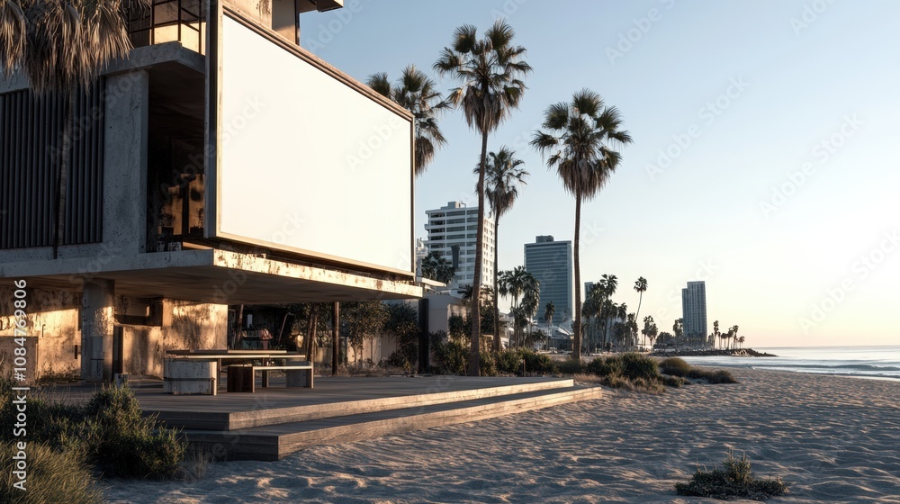 Obraz premium Modern beachfront house with palm trees under clear sky during sunset.