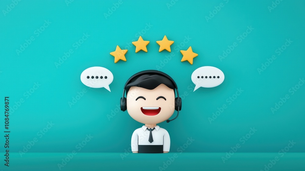 A friendly cartoon customer service agent wearing a headset and smiling, with five stars floating above their head and a speech bubble containing positive customer feedback.