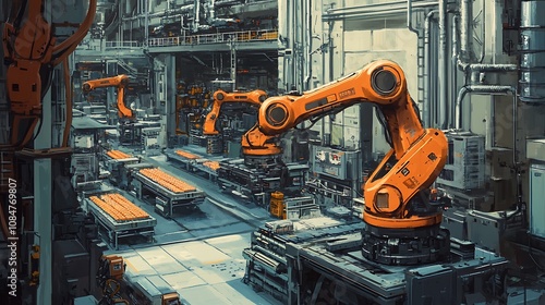 Illustration of robotic arms assembling products on a factory line, representing industrial automation 