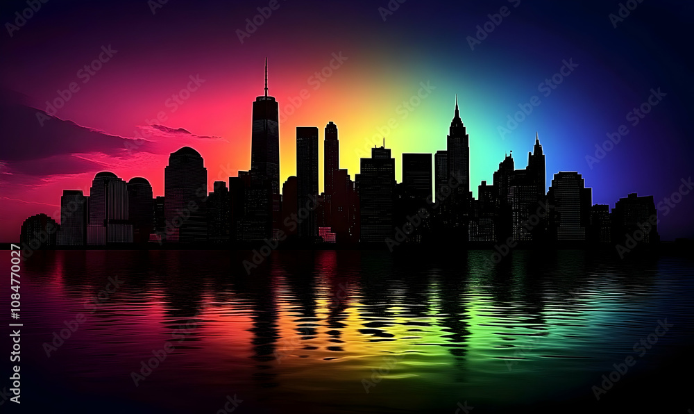 A vibrant silhouette of a city skyline against a colorful gradient sunset reflection. A vibrant silhouette of a city skyline against a colorful gradient sunset reflection.