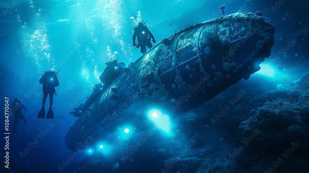 Divers explore a mysterious sunken submarine in the deep ocean underwater adventure. Divers explore a mysterious sunken submarine in the deep ocean underwater adventure.