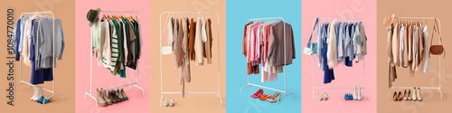 Cuadro en lienzo Collage of racks with stylish clothes on color background