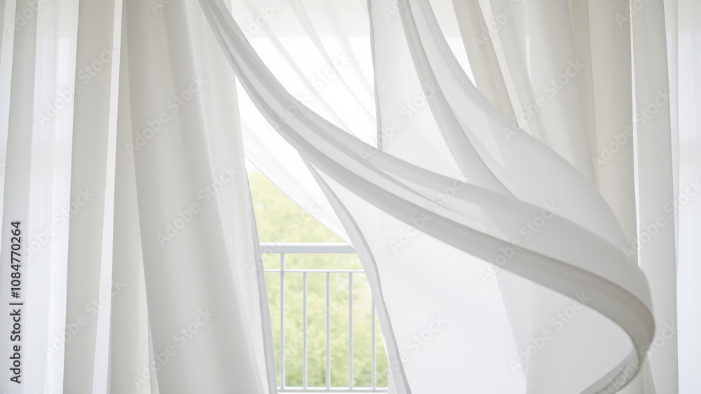 Fototapeta premium Soft flowing white curtains gently sway in breeze, creating serene atmosphere