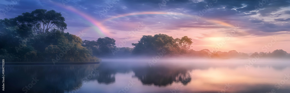 Fototapeta premium A serene landscape featuring a rainbow over a misty lake at sunrise.