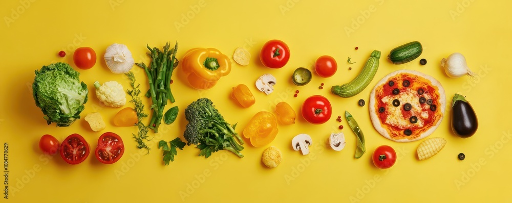 Flat lay of pizza, vegetables, and other food items on a yellow background. Flat lay of pizza, vegetables, and other food items on a yellow background.
