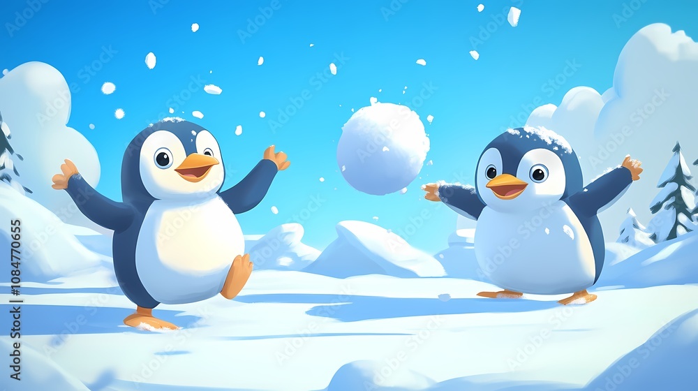 Two cheerful penguins play in the snow, tossing a snowball in a winter landscape. Two cheerful penguins play in the snow, tossing a snowball in a winter landscape.