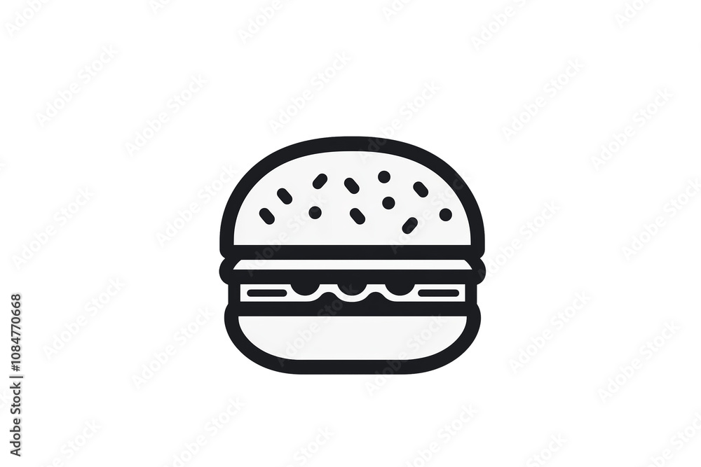 PNG cut out isolated background. A simple, black and white line illustration of a hamburger with a seeded bun and layered fillings. PNG cut out isolated background. A simple, black and white line illustration of a hamburger with a seeded bun and layered fillings.