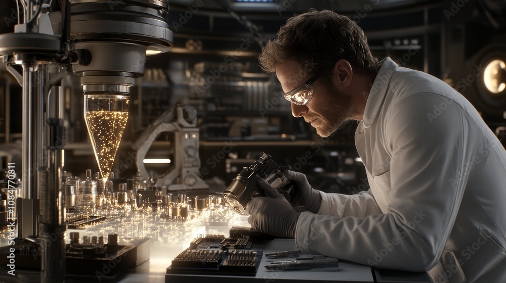 Skilled technician examining intricate circuits high-tech lab setting futuristic tools advanced technology illuminated workspace attention to detail Skilled technician examining intricate circuits high-tech lab setting futuristic tools advanced technology illuminated workspace attention to detail