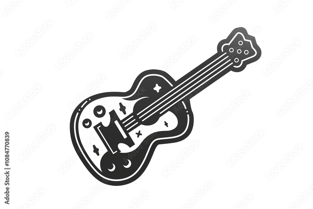 Obraz premium PNG cut out isolated background. A simple black and white line illustration of an acoustic guitar, showcasing its classic shape and strings.