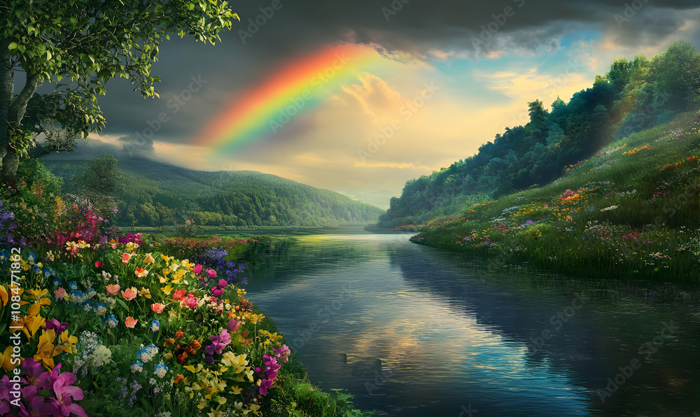 A serene landscape featuring a rainbow over a calm river, surrounded by vibrant flowers. A serene landscape featuring a rainbow over a calm river, surrounded by vibrant flowers.